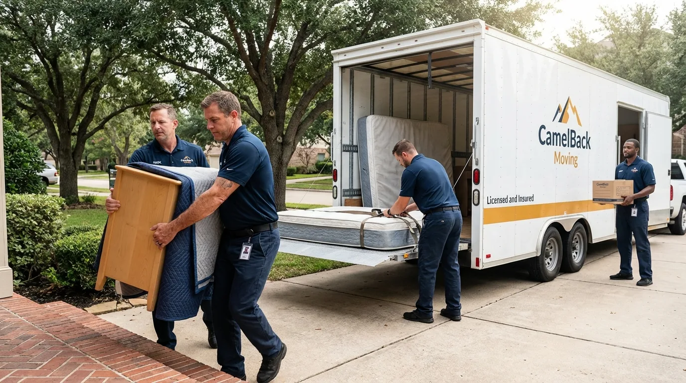 Crew loading residential truck for cross-state move from Hubbard, TX