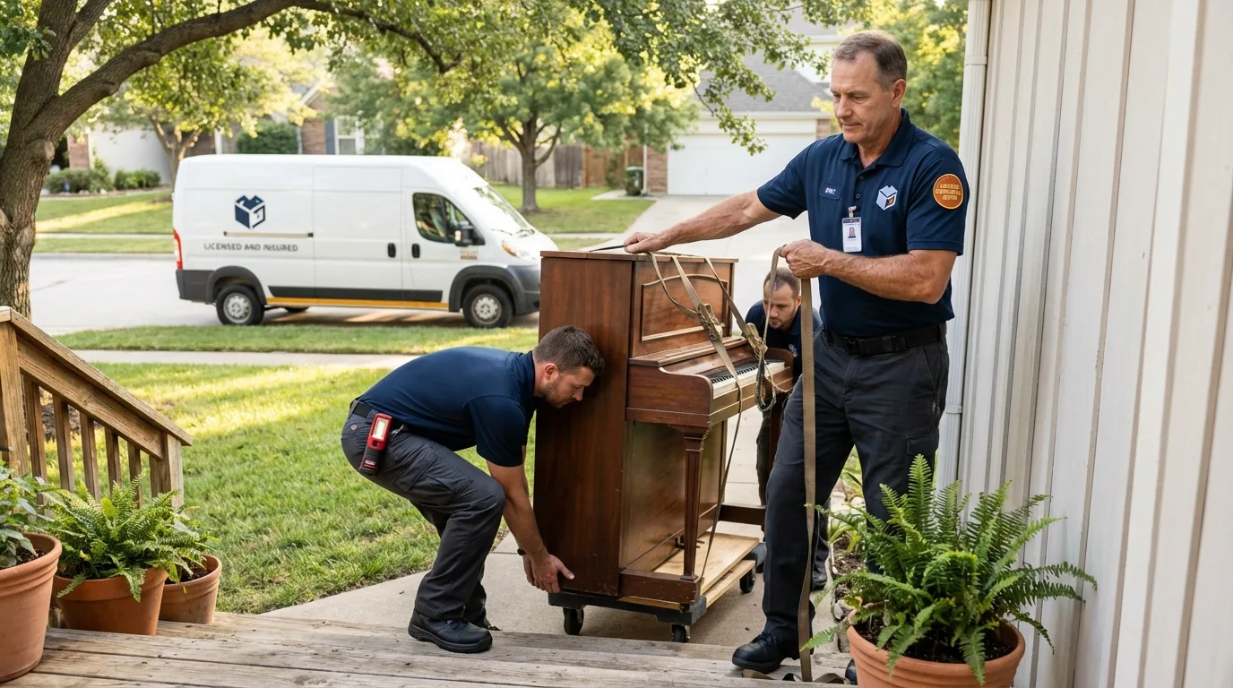 Licensed piano movers securing grand piano in Hubbard, TX