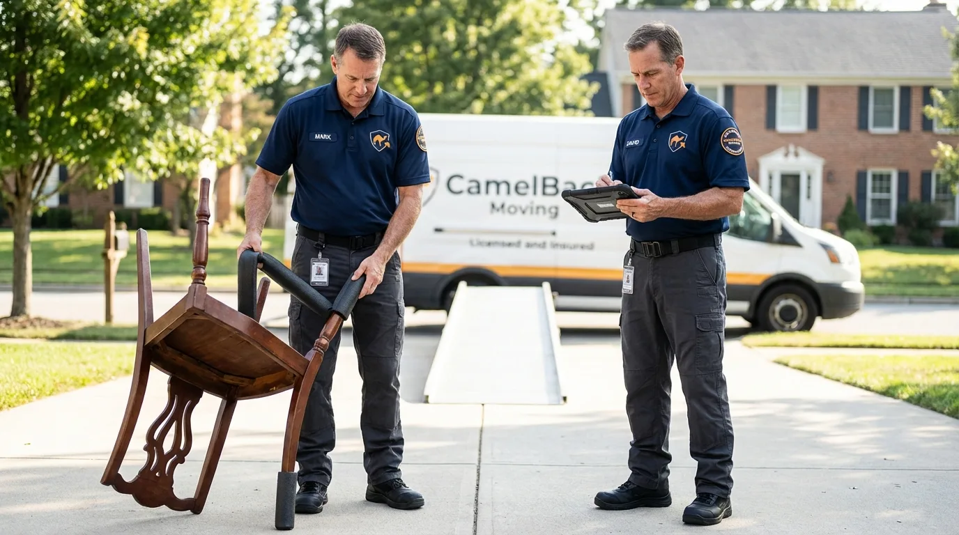 Movers inspecting furniture for damage prevention before loading in Hubbard, TX