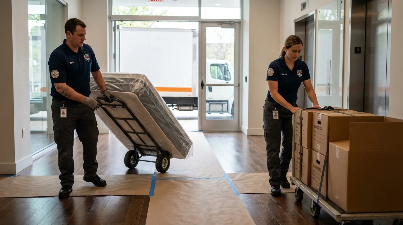 Professional apartment movers loading elevator in Hubbard, TX